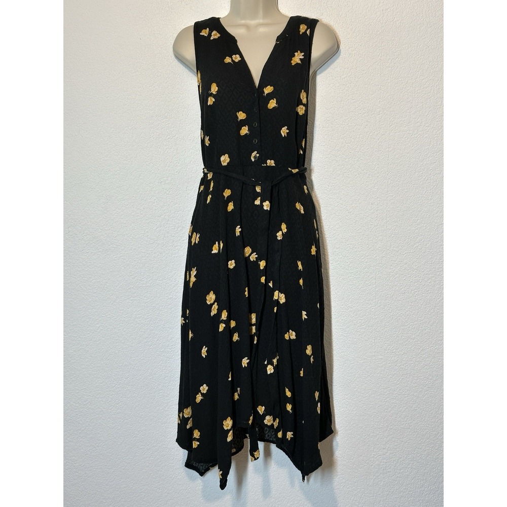 Y2K XL Black Yellow‎ Floral Sleeveless Midi Dress Asymmetric Flowy Boho